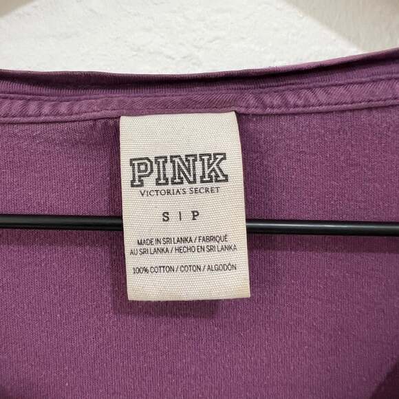 Victorias Secret PINK V-Neck Long Sleeve Pocket T-Shirt S Small Purple Logo Dog - Picture 3 of 5